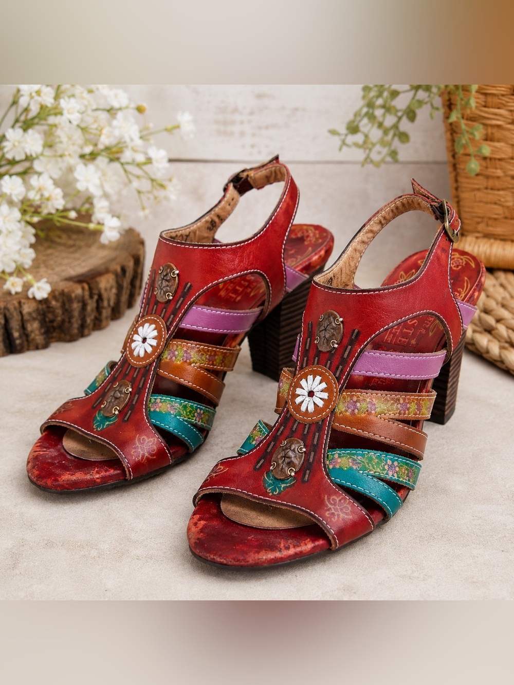 Spring Step Red Multicolor Floral Strappy Block Heels